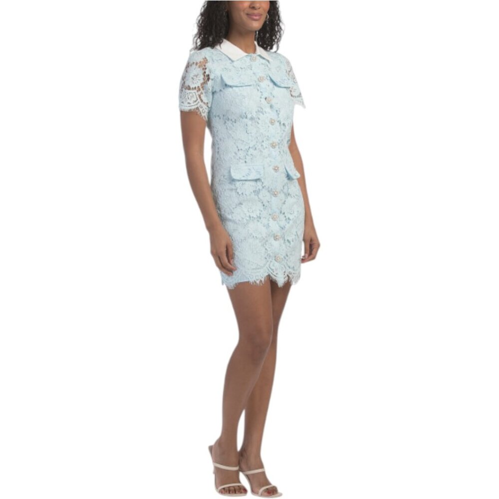 DALIA MACPHEE Short Sleeve Lace Mini Dress With Contrast Collar